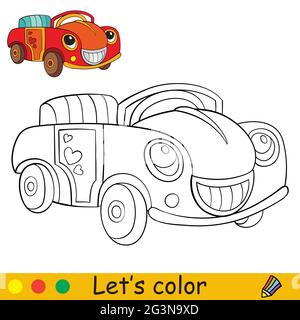 Jolie voiture de dessin animé souriante. Page de livre de coloriage avec modèle coloré pour les enfants. Illustration vectorielle isolée. Pour livre de coloriage, impression, jeu, fête, des Illustration de Vecteur