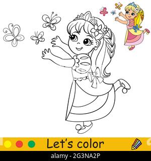 Jolie petite princesse en robe attrape de beaux papillons. Page de livre de coloriage avec modèle coloré pour les enfants. Illustration vectorielle isolée. Pour col Illustration de Vecteur