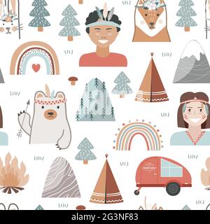 Motif sans couture dessiné à la main avec équipement de camping d'été et enfants vêtus de style tribal. Remorques, arbres et animaux de style scandinave Illustration de Vecteur