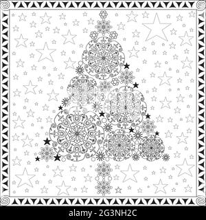 Page de coloriage - arbre de Noël avec les Mandalas et les étoiles en noir et blanc Illustration de Vecteur