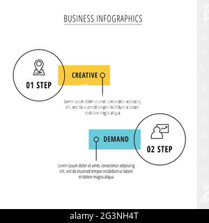 Infographies vectorielles à traits fins avec deux cercles et étiquettes. Modèle de calendrier avec 2 étapes pour l'application, l'entreprise, le site Web, l'interface, le graphique, niveaux Illustration de Vecteur