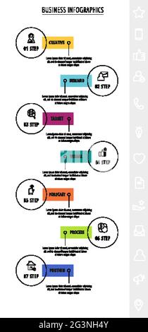 Infographies vectorielles à traits fins avec sept étiquettes et cercles. Modèle de calendrier avec 7 étapes pour l'application, l'entreprise, le site Web, l'interface, le graphique, niveaux Illustration de Vecteur