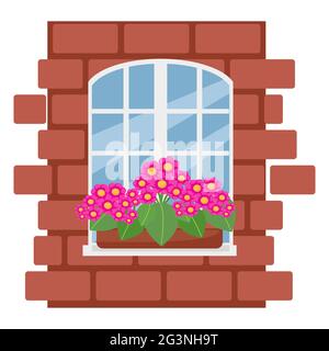 Boîte avec fleurs sur la fenêtre, mur de briques avec fenêtre blanche, illustration vectorielle de style plat, dessin animé, isolé Illustration de Vecteur