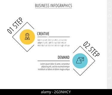 Infographies vectorielles à traits fins avec deux cercles et étiquettes. Modèle de calendrier avec 2 étapes pour l'application, l'entreprise, le site Web, l'interface, le graphique, niveaux Illustration de Vecteur
