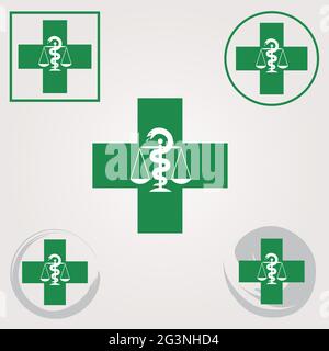 Ensemble d'icônes de la pharmacie suisse avec symbole Caduceus de couleur verte - symbole de la Croix de Suisse Illustration de Vecteur
