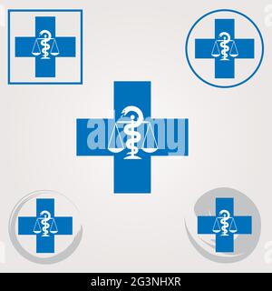 Ensemble d'icônes de la pharmacie suisse avec symbole Caduceus en bleu - symbole de la Croix de Suisse Illustration de Vecteur