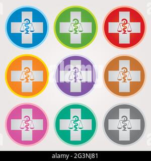 Ensemble d'icônes de la pharmacie suisse avec symbole Caduceus en couleurs mélangées - symboles de la Croix suisse en cercles Illustration de Vecteur