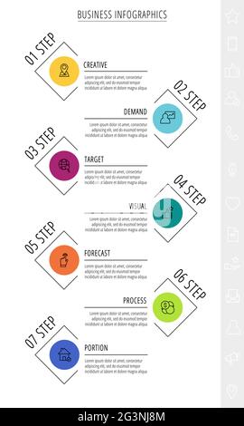 Infographies vectorielles à traits fins avec sept étiquettes et cercles. Modèle de calendrier avec 7 étapes pour l'application, l'entreprise, le site Web, l'interface, le graphique, niveaux Illustration de Vecteur