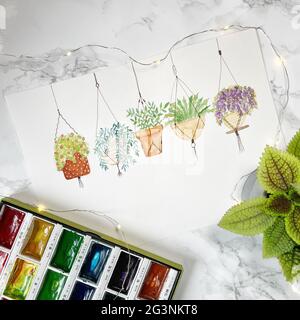 Aquarelle plantes suspendues Art - peinture botanique Banque D'Images