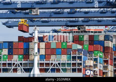 Opérations de chargement de conteneurs au port de Felixstowe. Le navire à conteneurs OOCL Allemagne est desservi au terminal Trinity - juillet 2019 Banque D'Images