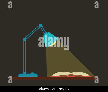 Lampe de table et un livre ouvert, la lumière de la lampe tombe sur les pages du livre, illustration vectorielle dans un style plat sur un fond noir Banque D'Images