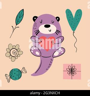 Illustration vectorielle d'un animal de différents types parmi les articles de vacances sur fond orange. Illustration vectorielle Illustration de Vecteur