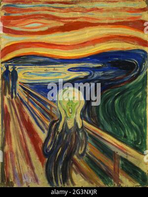 Titre: The Scream Créateur: Edvard Munch Date: 1893 Moyen: Huile, tempera et pastel sur carton Dimensions: 91 x 73.5cm lieu: Nasjonalgeriet, Oslo, Norvège Banque D'Images