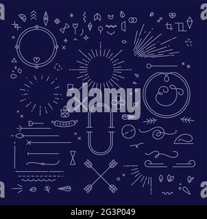 Éléments de conception plats dans un style vintage avec des lignes grises sur fond bleu Illustration de Vecteur