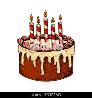 Gâteau d'anniversaire coloré dessiné à la main avec bougies isolées sur blanc. Illustration vectorielle dans le style d'esquisse Illustration de Vecteur