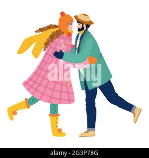 Rencontre heureuse de deux amis se embrassant après la quarantaine, Covid-19, longue séparation. Bonne femme souriante qui apprécie l'amitié, le soutien et la coopération. Co Illustration de Vecteur