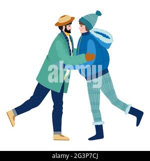 Rencontre heureuse de deux amis se embrassant après la quarantaine, Covid-19, longue séparation. Une femme souriante et heureuse qui apprécie l'amitié, le soutien et la coopération. Le Illustration de Vecteur