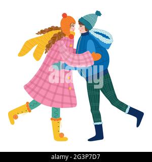 Rencontre heureuse de deux amis se embrassant après la quarantaine, Covid-19, longue séparation. Bonne femme souriante qui apprécie l'amitié, le soutien et la coopération. Co Illustration de Vecteur