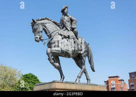 Statue de Charles Edward Stewart (Bonnie Prince Charlie), Cathedral Green, Riverside, Derby, Derbyshire, Angleterre, Royaume-Uni Banque D'Images