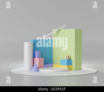Rendu 3d de Podium vide en couleur pastel. Socle et espace de vente vierges avec design épuré. Scène minimale pour l'affichage du produit. Support abstrait Banque D'Images