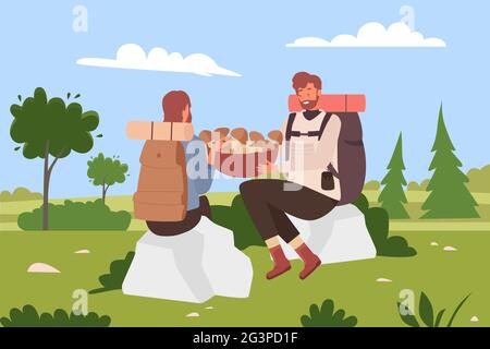 Les gens font de la randonnée en couple, tenant un seau de champignons illustration vectorielle. Caricature femme homme randonneur personnages avec sacs à dos ont plaisir ensemble à cueillir des champignons comestibles dans vert paysage d'été nature Illustration de Vecteur