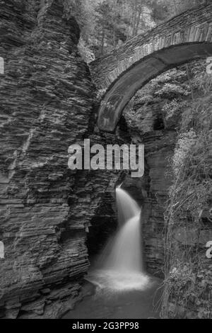 Cascade et passerelle au parc national de Watkins Glen Banque D'Images