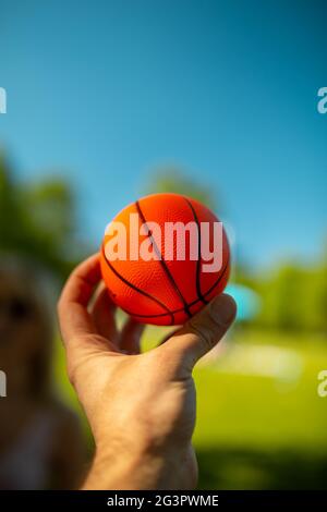 Mini-basket-ball orange vif dans une main Banque D'Images