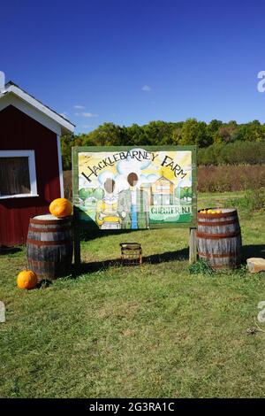 Un stand-in photo pour deux personnes pour vous faire ressembler à des fermiers gothiques américains.Hacklebarney Farm, Chester New Jersey, Etats-Unis. Ferme saisonnière Banque D'Images