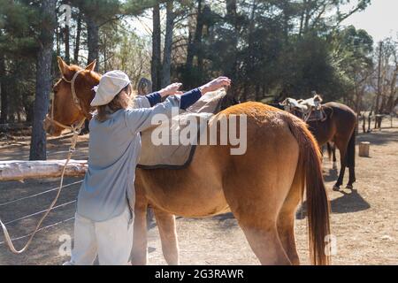 Femme rurale qui selles son cheval sur le terrain Banque D'Images