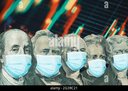 Différents présidents américains des billets de banque en dollars avec un masque facial Banque D'Images