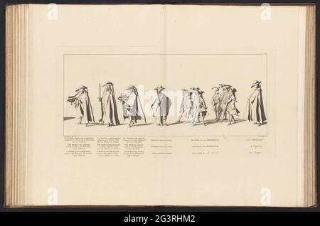 Willem IV, 1752, planche 24; de Ridder ordre du garter / 't Zwaard d'autorité suprême / la couronne du Prinslyke (...); Lyk staetsie par Zyne brightenight altesse le Seigneur Willem [IV] Carel Hendrik Friso, prince d'Orange et de Nassau ... tenu en IV février 1752. Les transporteurs avec stadholderous Insignia résultent à travers un groupe de pages. Dans la marge la légende en néerlandais, français et anglais. Partie d'une série de 41 plaques de la procession funéraire du Stadholder Willem IV à Delft le 4 février 1752. Numéroté en haut à droite : 24. Dans l'édition liée de 1755. Banque D'Images