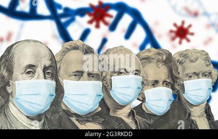 Différents présidents américains des billets de banque en dollars avec un masque facial Banque D'Images