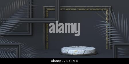 Arrière-plan abstrait podium blanc en marbre, cadre photo noir et feuilles tropicales 3D Banque D'Images