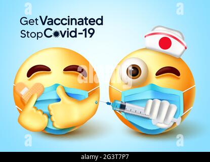 Motif vecteur du vaccin contre le coronavirus du personnage d'Emoji. Recevez le texte de l'arrêt de vaccination Covid-19 avec avatar personnages 3d tenant l'injection de vaccination. Illustration de Vecteur