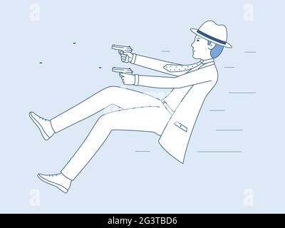 Une mission dangereuse d'un agent couvert. Illustration vectorielle d'un homme qui tourne avec des pistolets. Homme détective dessin animé art Banque D'Images