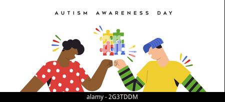 Autism conscience day web banner illustration des enfants heureux amis faisant poing bomp ensemble. Concept d'amitié autiste, psychologie de l'enfance Illustration de Vecteur