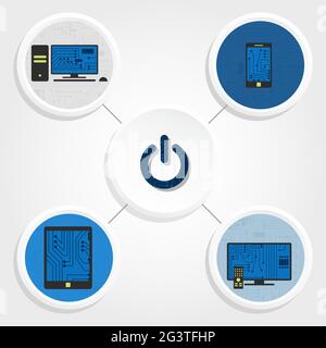 Schéma de divers équipements électroniques et d'un bouton de mise sous tension. Ordinateur personnel, tablette, smartphone, Smart tv. Illustration de Vecteur