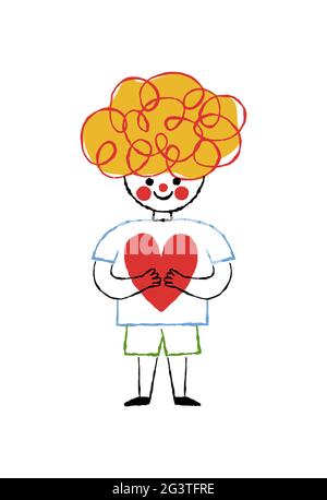 Joyeux petit garçon tenant la forme de coeur dans le joli dessin animé pour enfants. Personnage enfant curly dessiné à la main sur fond blanc isolé. Éducation de l'enfant ou p Illustration de Vecteur