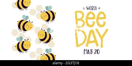 Bannière Web de la Journée mondiale des abeilles illustration de l'essaim de bourdon mignon dans le drôle main dessiné enfants style de dessin animé. Design écologique pour les fêtes de fin d'année pour les abeilles c Illustration de Vecteur