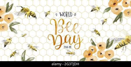 Bannière Web de la Journée mondiale des abeilles illustration de l'essaim bourdon dessiné à la main avec décoration de fleur de printemps jaune. Design écologique pour les fêtes de fin d'année pour les abeilles c Illustration de Vecteur