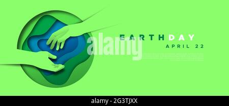 Modèle Web du jour de la Terre illustration de deux mains de personnes aidant avec le papier coupé planète verte. Nature aider le concept de travail d'équipe pour avril 22 stagiaire Illustration de Vecteur