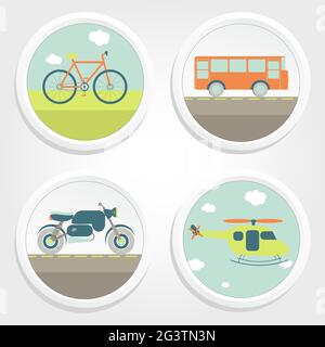 Boutons de quatre types de transport: Vélo, hélicoptère, moto, bus Illustration de Vecteur