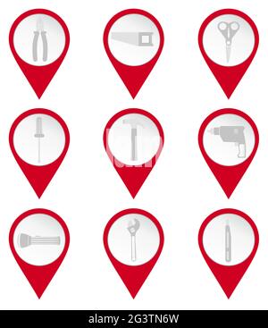 Cartographier les icônes des outils : pince, scie, lampe de poche, tournevis, clé, marteau, aiguille, foret, ciseaux. Arrière-plan blanc. Illustration de Vecteur