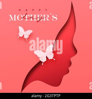 Carte de vœux Happy Mother's Day illustration du visage féminin en 3D avec coupe de papier. Découpe rose avec papillon artisanal en papier pour maman amour cadeau de vacances. Illustration de Vecteur