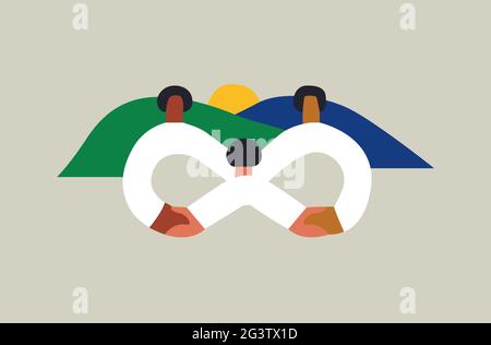 Divers groupes de personnes tenant les mains ensemble, ce qui donne une forme infinie de symbole. Concept d'équipe d'unité de famille ou d'ami, illustration simple de dessin animé plat sur nat Illustration de Vecteur