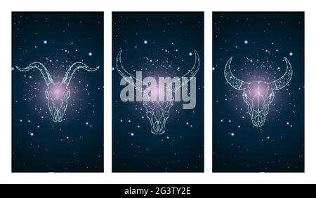 Ensemble vectoriel de trois illustrations avec silhouettes crânes buffle, taureau et chèvre sur fond bleu et rose ciel étoilé. En bleu. Pour votre conception Illustration de Vecteur