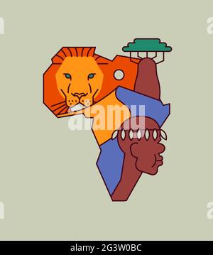 Afrique continent illustration concept de la culture africaine traditionnelle décoration en forme de carte. Style moderne de dessin animé à contour plat. Inclut sahara Deser Illustration de Vecteur