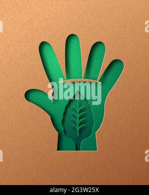 Illustration de la coupe de papier à la main Green People avec feuille de plante. Personnes écologiques style de vie, lien avec la nature ou concept environnemental. découpe 3d dans recyc Illustration de Vecteur