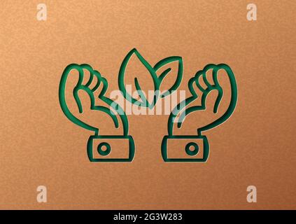 Vert homme d'affaires mains illustration coupée en papier avec feuille de plante. Personnes écologiques style de vie, lien avec la nature ou concept environnemental. découpe 3d i Illustration de Vecteur