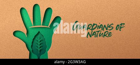Gardien de la nature, les gens ont main papercut illustration avec feuille de plante. Style de vie écologique, connexion naturelle ou concept environnemental. découpe 3d Illustration de Vecteur